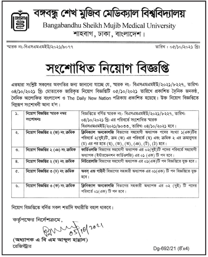 Bangabandhu Sheikh Mujib Medical University BSMMU Job Circular 2021
